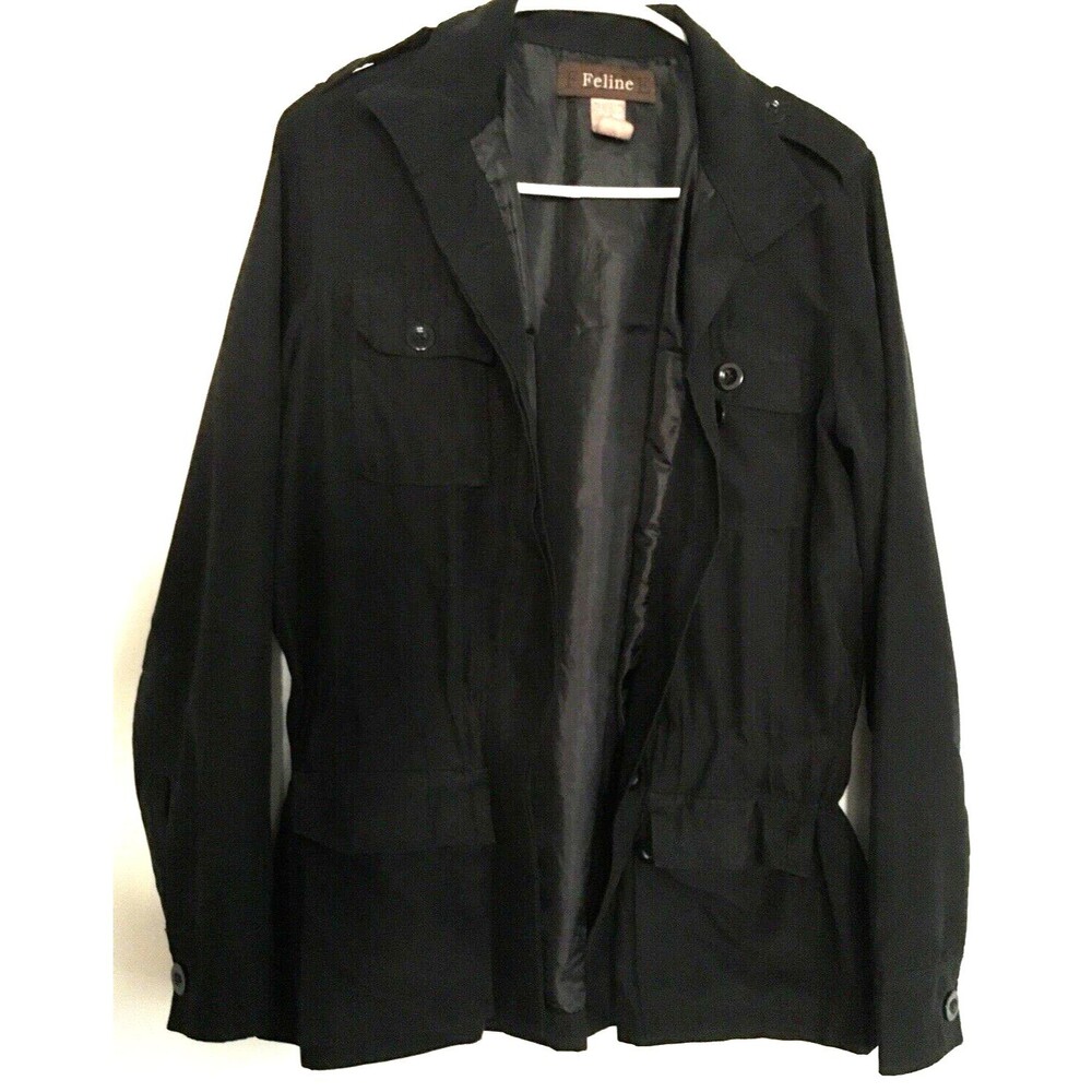 Feline Black Button Up Elastic Waistline Womens Jacket Size Medium